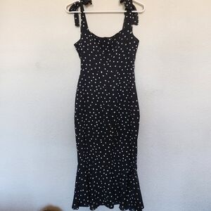 Shein black white polka dots dress sleeveless bow ties fitted flare sz Small EUC